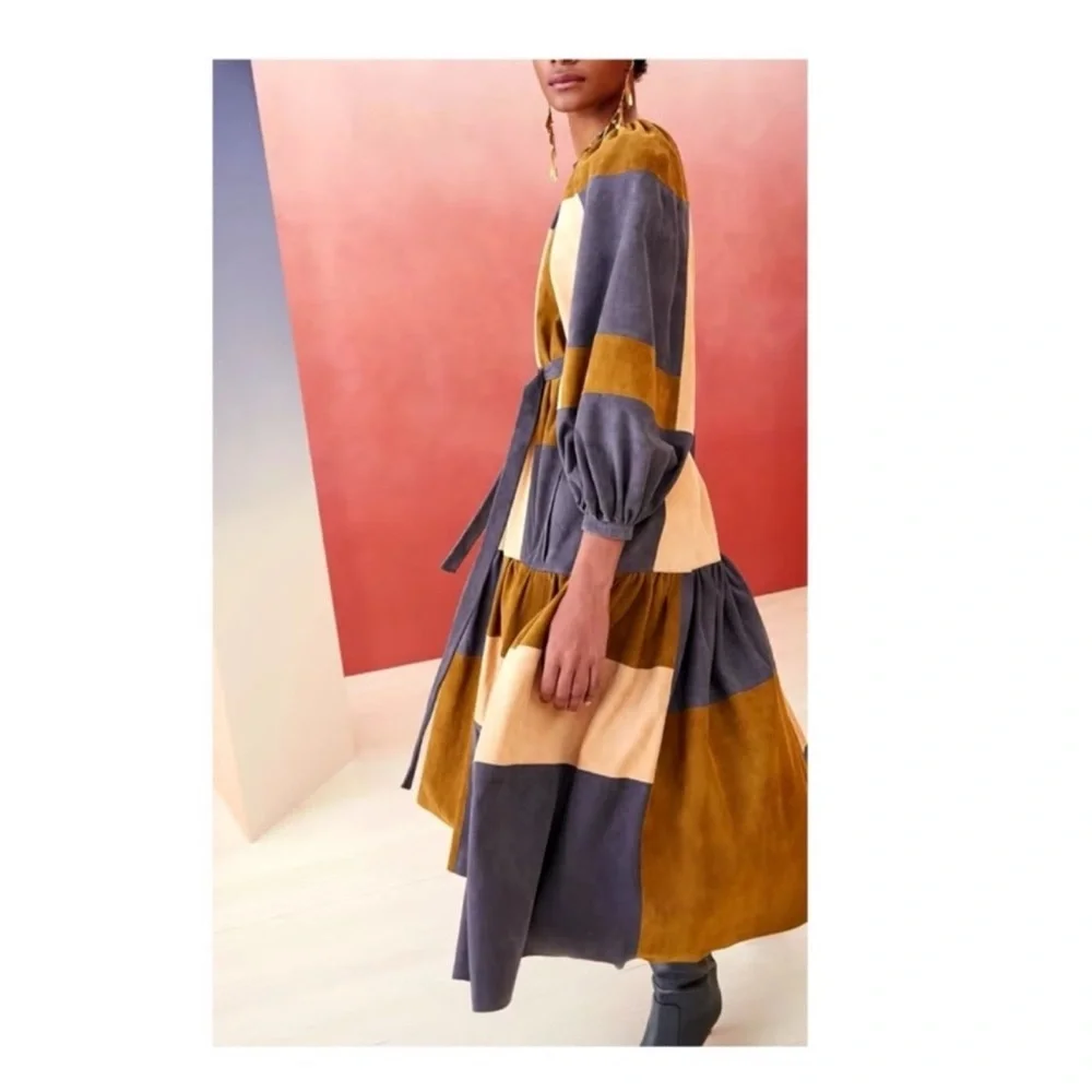 New! Rare ULLA JOHNSON Bernadine Patchwork Lambskin Suede Leather Midi Dress - Picture 4 of 12